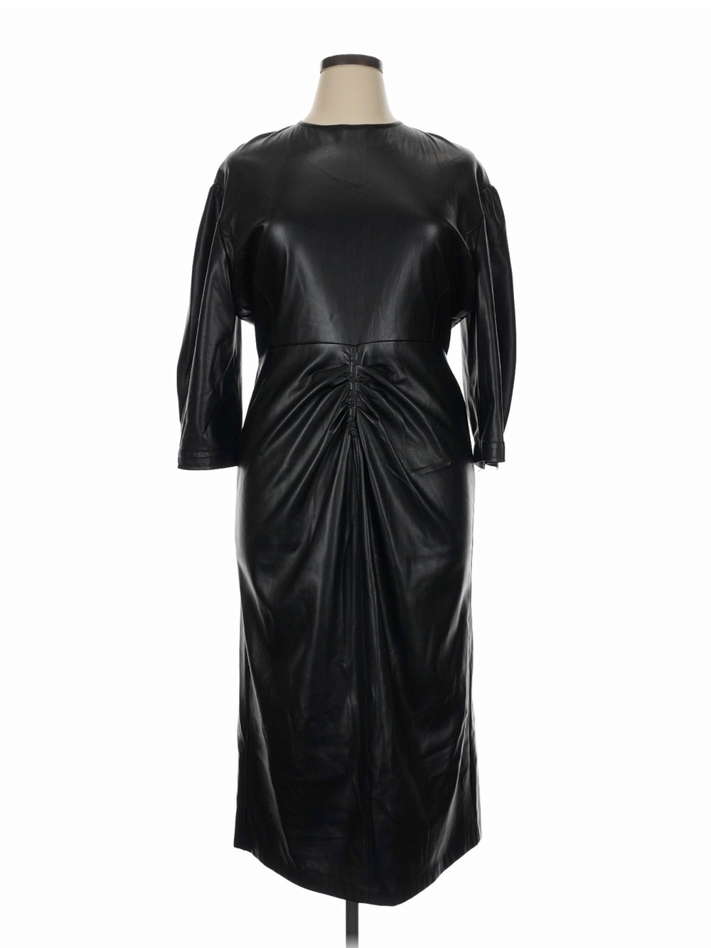 Zara Black Faux Leather Ruched Midi Dress